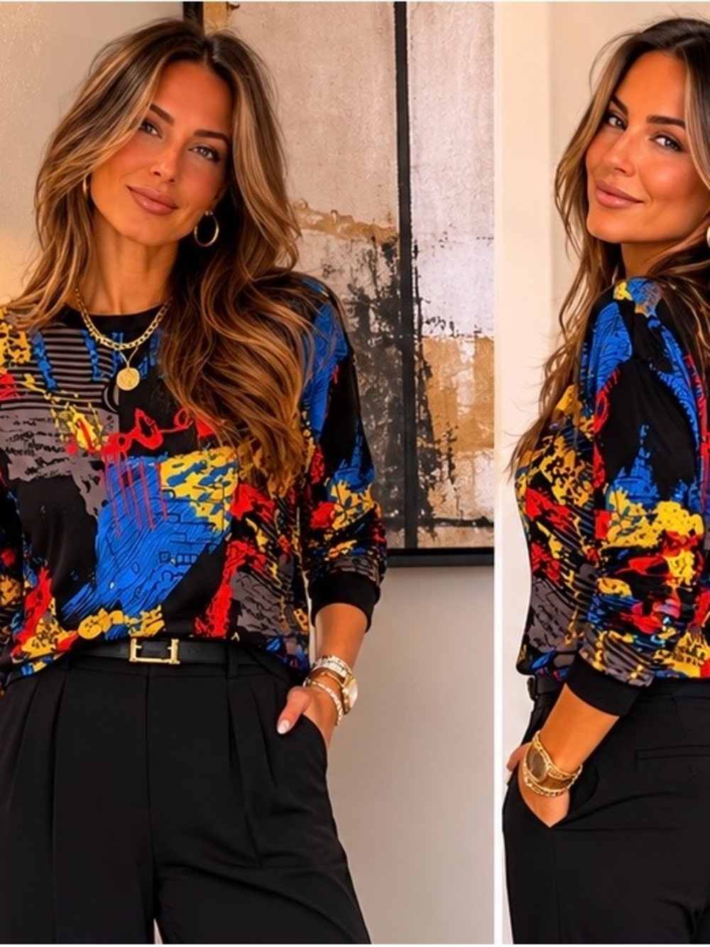 SHEIN Black Multicolor Abstract Long-Sleeve Tee